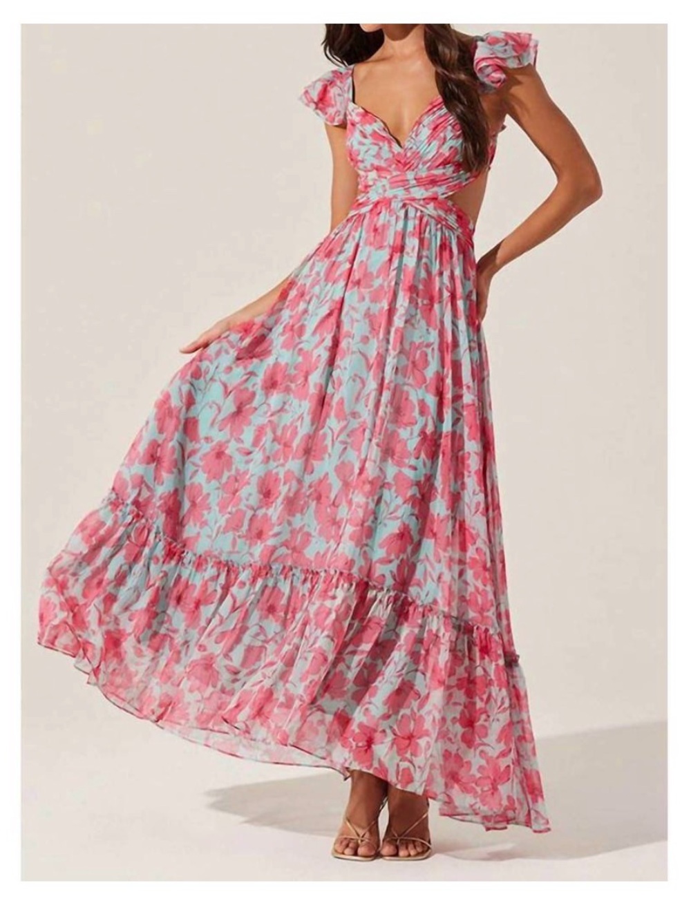 ASTR The Label Floral Pink and Blue Maxi Dress with strappy back details - Picture 3 of 5
